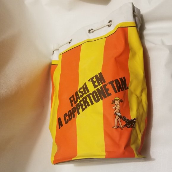 vtg orange & yellow striped vinyl bag w girl & dog - Picture 3 of 14